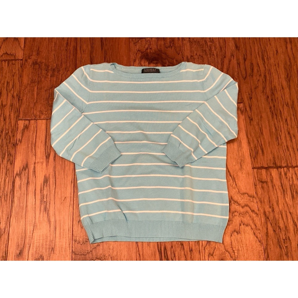 Lauren Ralph Lauren Sweater L Blue White Stripe 100% Cotton Long‎ Sleeve